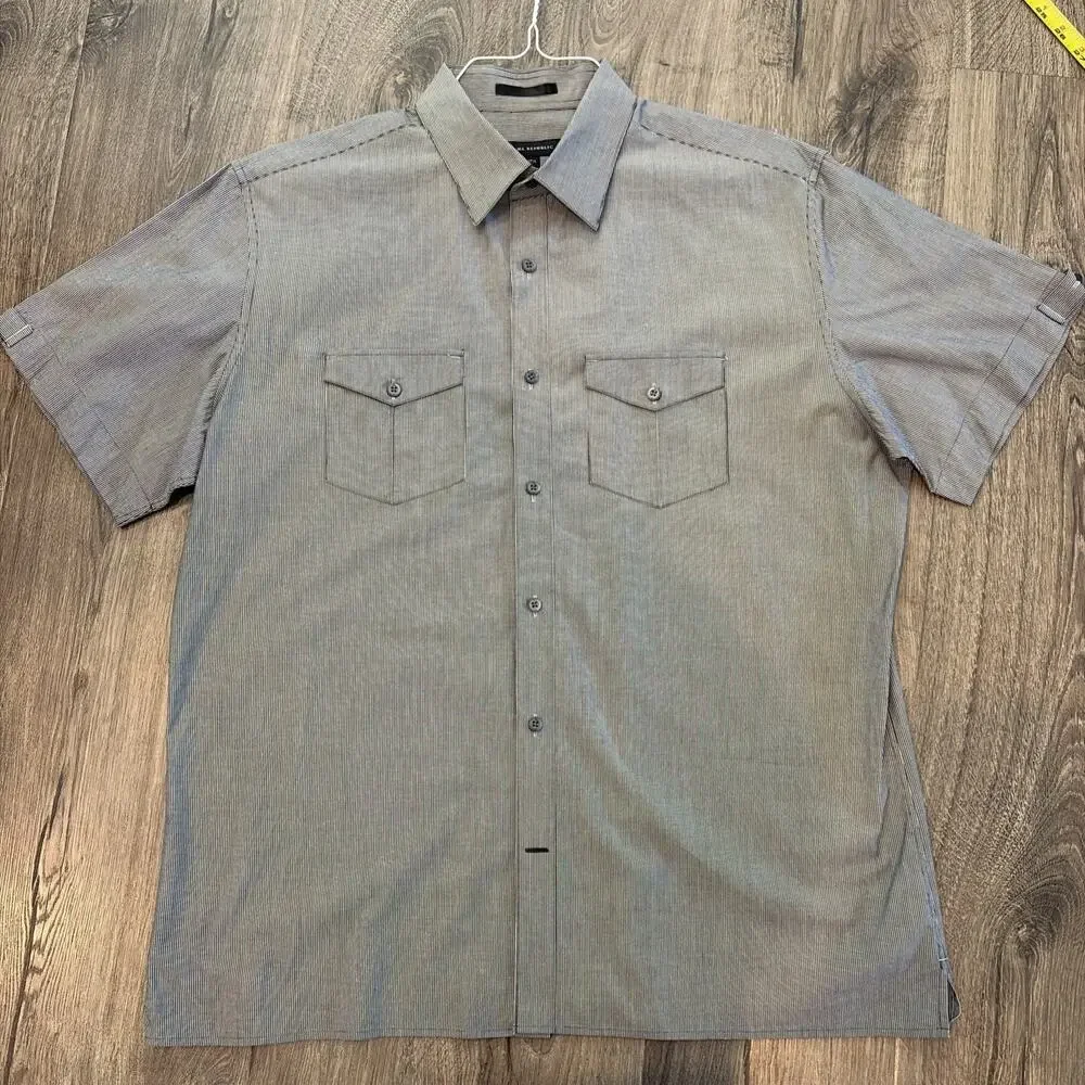 Banana Republic Men's Short Sleeve Dress Shirt XL 17-17.5 Grey Black Microstripe